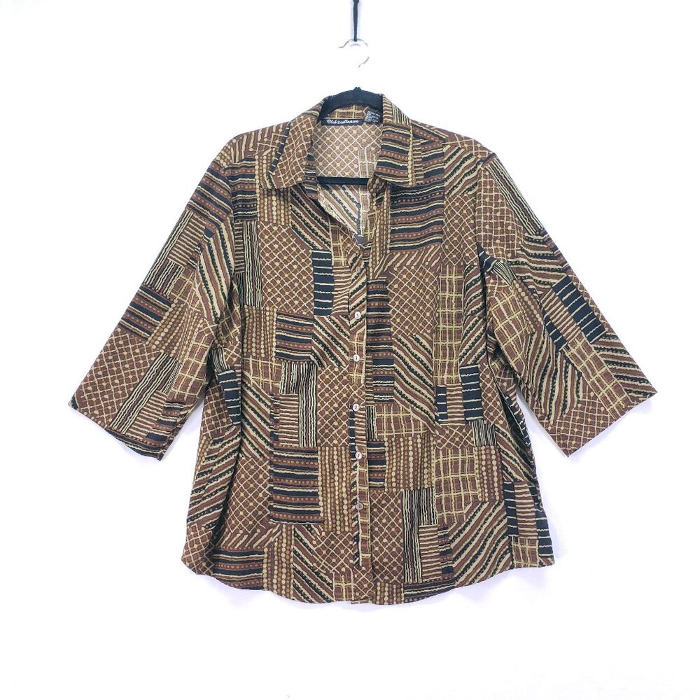 Club Z Collection Brown Geometric Fun Pattern Collar Button Down Blouse Size 1X